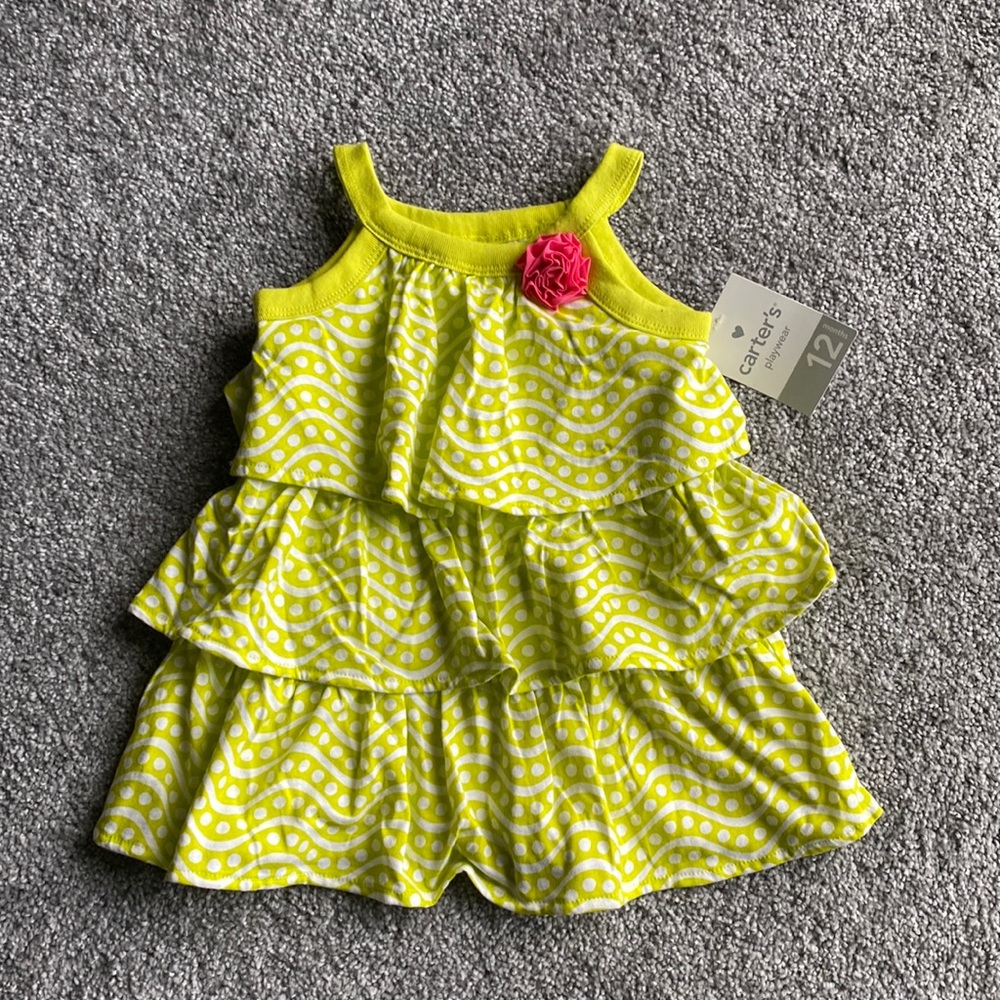 Carters brand size 12 months dress, lime green with white pattern. NWT
